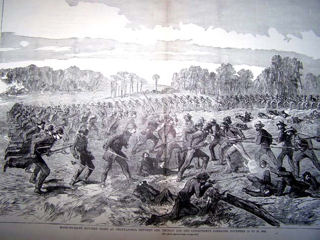 A Civil War era print entitled "Hand-to-hand Bayonet fight at Chattanooga between Gen. Thomas' and Gen Longstreets' Commands, Nov. 23-25, 1863.'